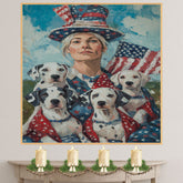 Woman in Patriotic Attire with Four Dalmatian Puppies and American Flag on Ready to Hang 1.5" Thick Canvas Wrap, Floating Framed Canvas, Flat Rolled Canvas
